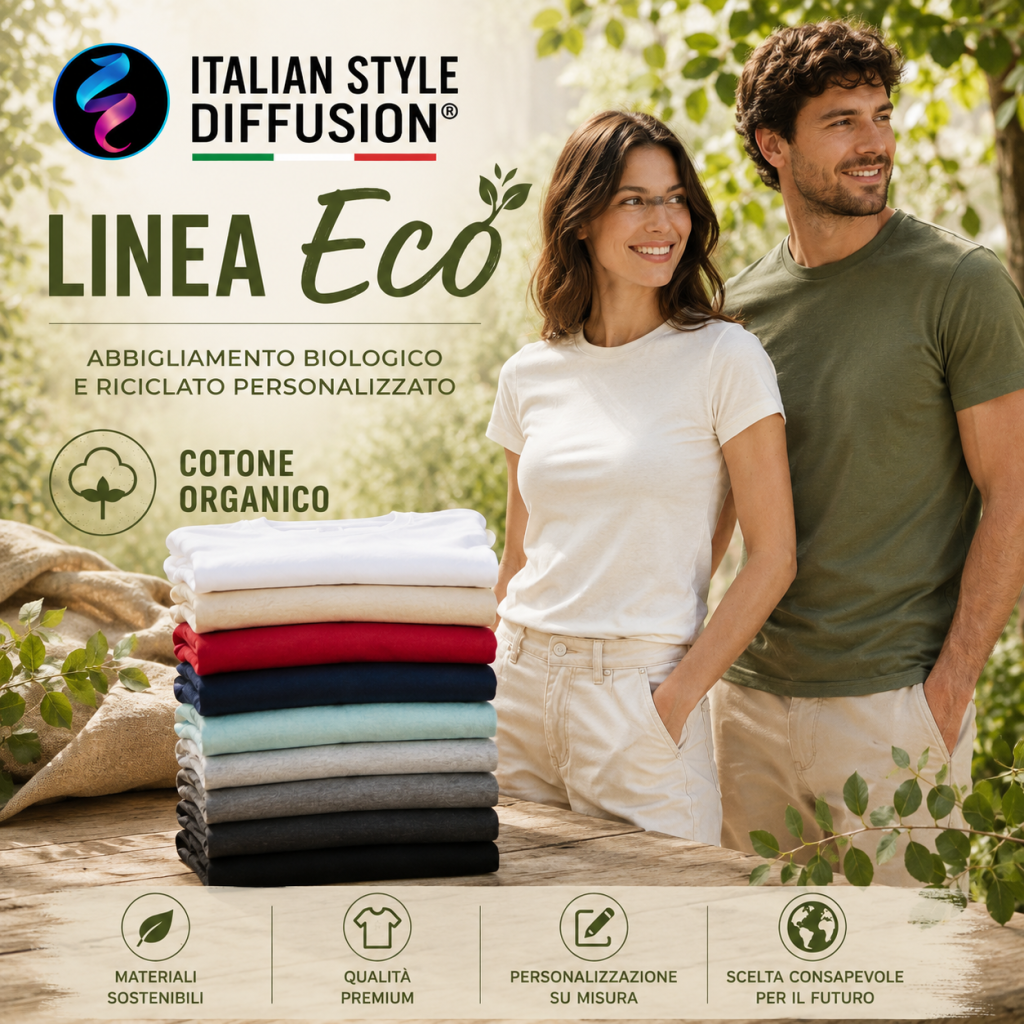 Linea Eco Italian Style Diffusion con t-shirt, felpe, shopper e capi sportivi in ambientazione naturale