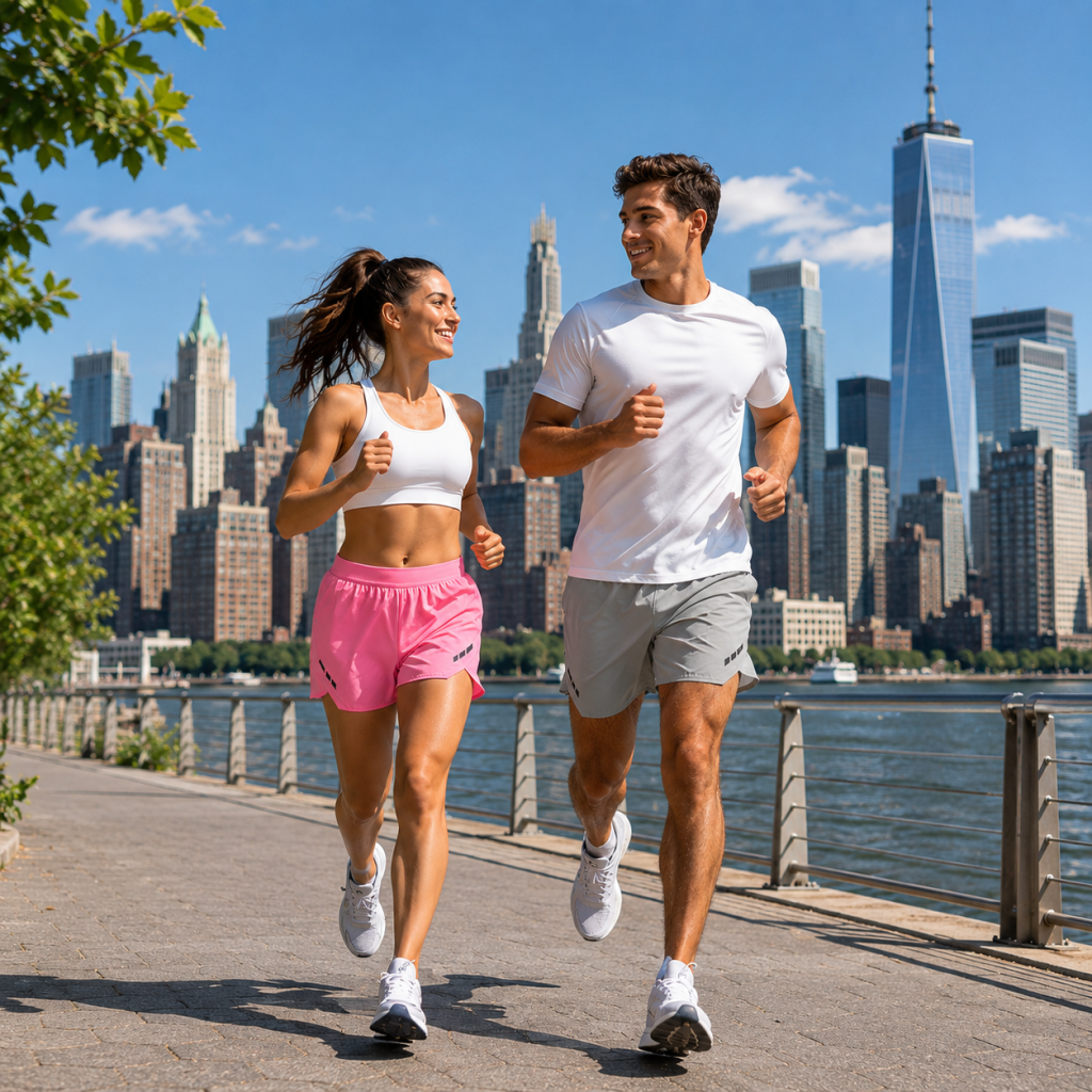 Ragazzo e ragazza che corrono con capi sportivi riciclati davanti allo skyline di Manhattan