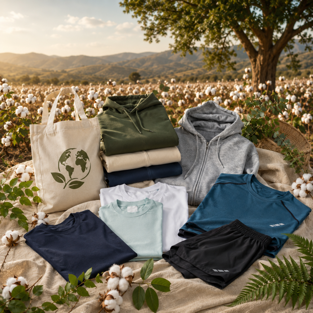 T-shirt, felpe, shopper e capi sportivi della Linea Eco Italian Style Diffusion in un campo di cotone